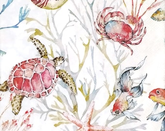 T054# 3 Pieces Of Single Paper Napkins for Decoupage, Craft Tissue, Blue Red Sealife Collage Turtle Fish Crab Shell With Corals And Seaweed