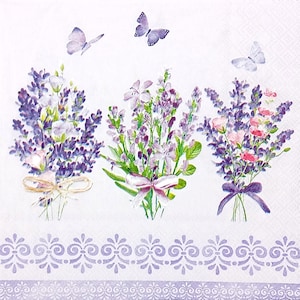 U283# 3 stuks enkele papieren servetten voor decoupage, knutselpapier, drie trossen paarse lavendelbloemen met ornamentrand op paars