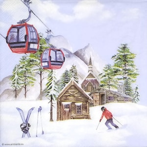 T796# 3 pezzi di tovaglioli di carta singoli per decoupage, fazzoletti artigianali, paesaggio invernale innevato con baita di montagna, funicolare e sciatori