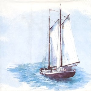 T396# 3 pezzi di tovaglioli di carta singoli per decoupage, carta velina, piccolo yacht a due vele in mare blu