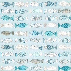 T429# 3 pezzi di tovaglioli di carta singoli per decoupage, fazzoletti artigianali, motivo di pesci di mare divertenti in miniatura blu cielo bianco