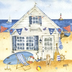 R041# 3 pezzi di tovaglioli di carta singoli per decoupage, fazzoletti artigianali, casa sulla spiaggia in riva al mare con faro, barca nella sabbia, gagliardetti
