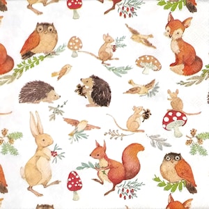 May include: White background with a repeating pattern of woodland creatures. The illustrations include a fox, owl, squirrel, hedgehog, rabbit, and mice, along with mushrooms and sprigs of greenery. The animals are in shades of brown, orange, and beige.