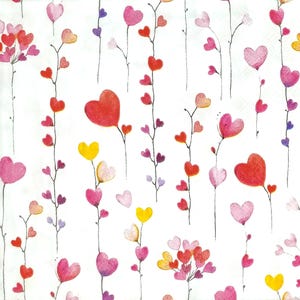 T860# 3 pezzi di tovaglioli di carta singoli per decoupage, carta velina, corda con ghirlanda decorativa a forma di cuori rosa e rossi su sfondo bianco