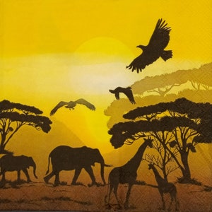 P183# 3 pezzi di tovaglioli di carta singoli per decoupage, fazzoletti artigianali, paesaggio safari della savana africana con animali selvatici in serata