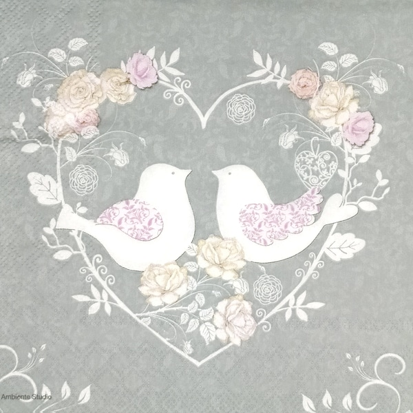 M454# 3 Pieces Of Single Paper Napkins for Decoupage, Craft Tissue, Heart Shape Wreath Of Pastel Pink Roses And Two Dove Love Birds On Gray