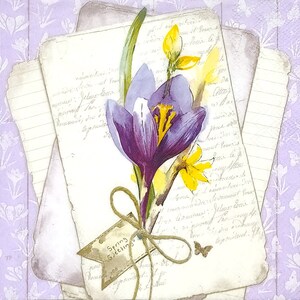 R271# 3 stuks enkele papieren servetten voor decoupage, knutselpapier, paarse lentekrokus en narcissen liggend op letters Afbeelding