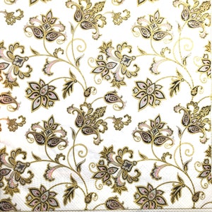 N639# 3 Pieces Of Single Paper Napkins for Decoupage, Craft Tissue, Gold Shimmer Black Flowers Swirl Ornament Pattern On White