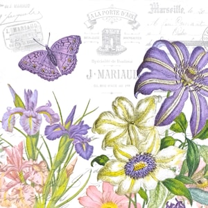 Q137 #3 stuks enkele papieren servetten voor decoupage, knutselpapier, paarse iris wit roze bloemen vlinders scriptcollage