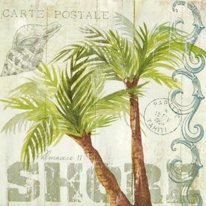 P622# 3 pezzi di tovaglioli di carta singoli per decoupage, fazzoletti artigianali, due palme e iscrizione sulla riva con collage di conchiglie
