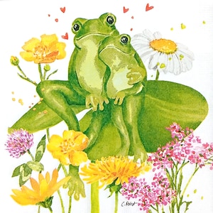 U423# 3 Pieces Of Single Paper Napkins for Decoupage, Craft Tissue, Green Happy Frog Pair Couple On Water Lilly Leaf With Yellow Flowers