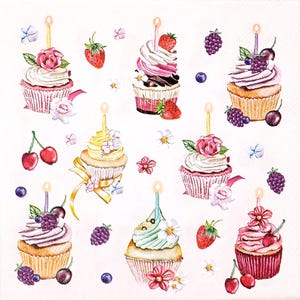 U332# 3 stuks enkele papieren servetten voor decoupage, ambachtelijke tissue, roze verjaardagstaart met bessen, cupcakes, muffins met kaarspatroon op roze