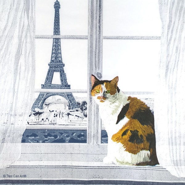 N618 # 3 pièces de serviettes en papier pour découpage, mouchoirs en papier protégés par le droit d'auteur, chat assis sur la fenêtre à Paris près de la tour Eiffel