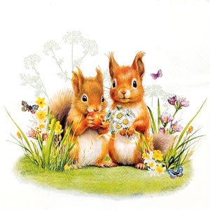 U239 # 3 serviettes en papier pour découpage, papier de soie artisanal, couple de deux écureuils dans une prairie de fleurs printanières avec des papillons