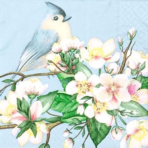 Z209# 3 pezzi di tovaglioli di carta singoli PICCOLI per decoupage formato cocktail, fazzoletti artigianali, uccello blu su ramoscelli di fiori rosa primaverili su blu