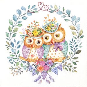 U237 #3 Serviettes en papier simples pour découpage, papier de soie artisanal, couple hibou oiseau drôle avec chapeau de fleurs dans une couronne de brindilles