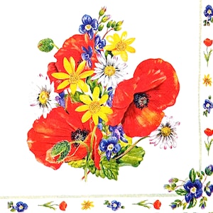 U291# 3 servilletas de papel individuales para decoupage, papel de seda para manualidades, ramo de amapolas rojas, margaritas amarillas y flores azules con marco de flores