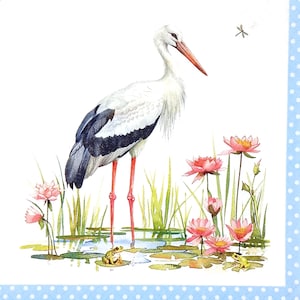 U300 # 3 Stück Servietten einzeln für Decoupage, Basteltücher, Storch im Sumpf See mit rosa Seerosen mit blauem Rahmen