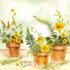 T745# 3 stuks enkele papieren servetten voor decoupage, knutselpapier, bloempotten met gele herfstbloemen en varenarrangementen