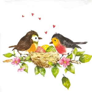 T351# 3 pedaços de guardanapos de papel individuais para decoupage, tecido artesanal, dois pássaros perto do ninho com flores da primavera e ovos coloridos