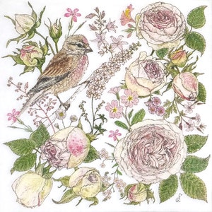 T318# 3 piezas de servilletas de papel individuales para decoupage, pañuelos artesanales, collage de flores de rosas rosadas con patrón de pájaros