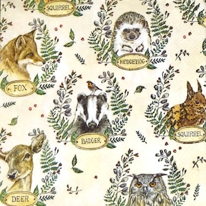 Q559# 3 stuks enkele papieren servetten voor decoupage, knutselpapier, wilde dieren, herten, vossen, dassen, eekhoorns, egelkop met naampatroon
