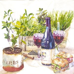 Q979# 3 Pieces Of Single Paper Napkins for Decoupage, Craft Tissue Still Life Wine Bottle With Glass, Sandwiches And Spiced Herb Pots