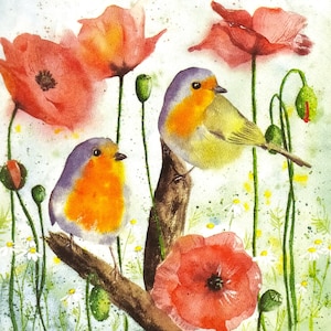 P529 # 3 Stück Papierservietten für Decoupage, Bastelpapier, Vogel Meisen Meisen Rote Mohnblumen