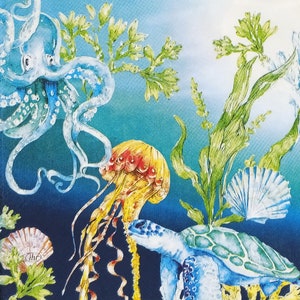 T398 # 3 Stück Papierservietten für Decoupage, Basteltücher, Meerespflanzen Collage, Schildkrötenpanzer, Oktopus, Qualle, Medusa Und Seegras