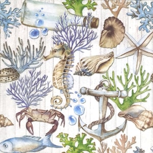 Q066 # 3 Stück einzelne Servietten für Decoupage, Bastelgewebe, Muschel, Seepferdchen, Krabbe, Anker Sealife und Coral Muster
