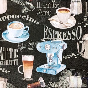 U345# 3 serviettes en papier pour découpage, papier de soie artisanal, bleu beige gris, tasses de machine à café, motif d'inscription en grains sur noir