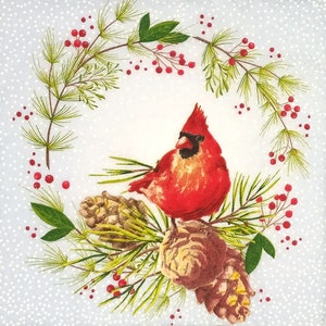 Q630# 3 Pieces Of Single Paper Napkins for Decoupage, Craft Tissue, Christmas Wreath With Cones And Red Cardinal Bird