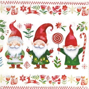 T831# 3 serviettes en papier pour découpage, papier de soie artisanal, trois nains de Noël Tomte avec bonnet rouge, sucette, mini animaux