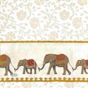R934 # Stück Einzelner Papierservietten für Decoupage, Bastelgewebe, braun grauer Tierelefant mit Würfelverzierungen mit beigem Blumenmuster