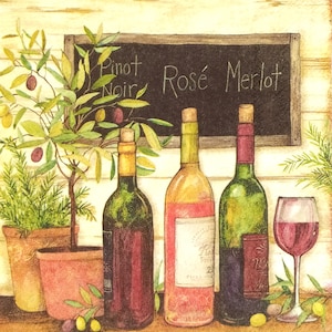 May include: An illustration featuring wine bottles, a wine glass, and a chalkboard with wine names. The bottles contain red and rosé wine. A small potted olive tree and sprigs of greenery are also depicted.