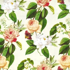 R335# 3 servilletas de papel individuales para decoupage, papel de seda para manualidades, diseño de rosas rosas y gardenias blancas sobre fondo beige