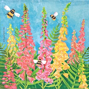 U378# 3 serviettes en papier pour découpage, papier de soie artisanal, digitales motif fleurs avec abeilles sur fond bleu ciel