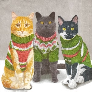 Q446 # 3 Stück einzelne Papierservietten für Decoupage, Basteltücher, Drei süsse Weihnachtskätzchen Katzen mit Wollpullovern