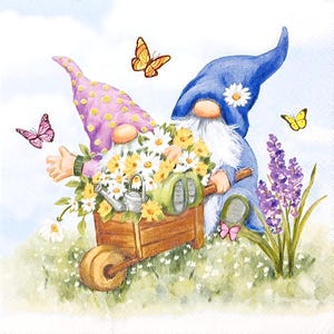 U244 # 3 Stück einzelne Papierservietten für Decoupage, Basteltücher, Gartenzwerg Tomte Zwergenpaar Mit Blau Und Rosa Mütze und Blumenwagen