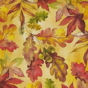 P270# 3 serviettes en papier pour découpage, papier de soie artisanal, feuilles de chêne d'automne marron rouge et glands de frêne sur fond jaune