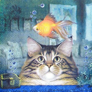 S171# 3 pezzi di PICCOLI tovaglioli di carta singoli per decoupage dalla Cina, tessuto artigianale formato cocktail, gatto soriano dipinto che guarda pesce dorato