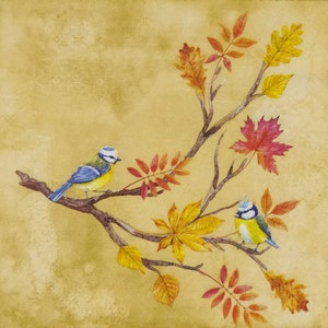R326# 3 Pieces Of Single Paper Napkins for Decoupage, Craft Tissue, Two Birds Titmouse Titmice On Branch With Red Autumn Leaves