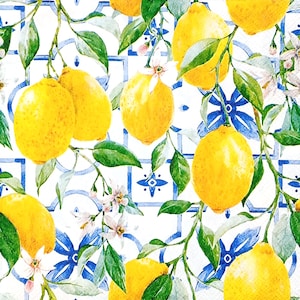 U355 # 3 serviettes en papier pour découpage, collage de brindilles d'agrumes jaunes, de citron et de carreaux bleus blancs