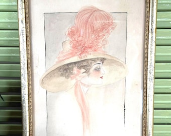 Antique Watercolor Portrait – Signed 1911 - Edwardian Lady, Hat with Pink Feathers, Gibson Girl Style, Period Frame
