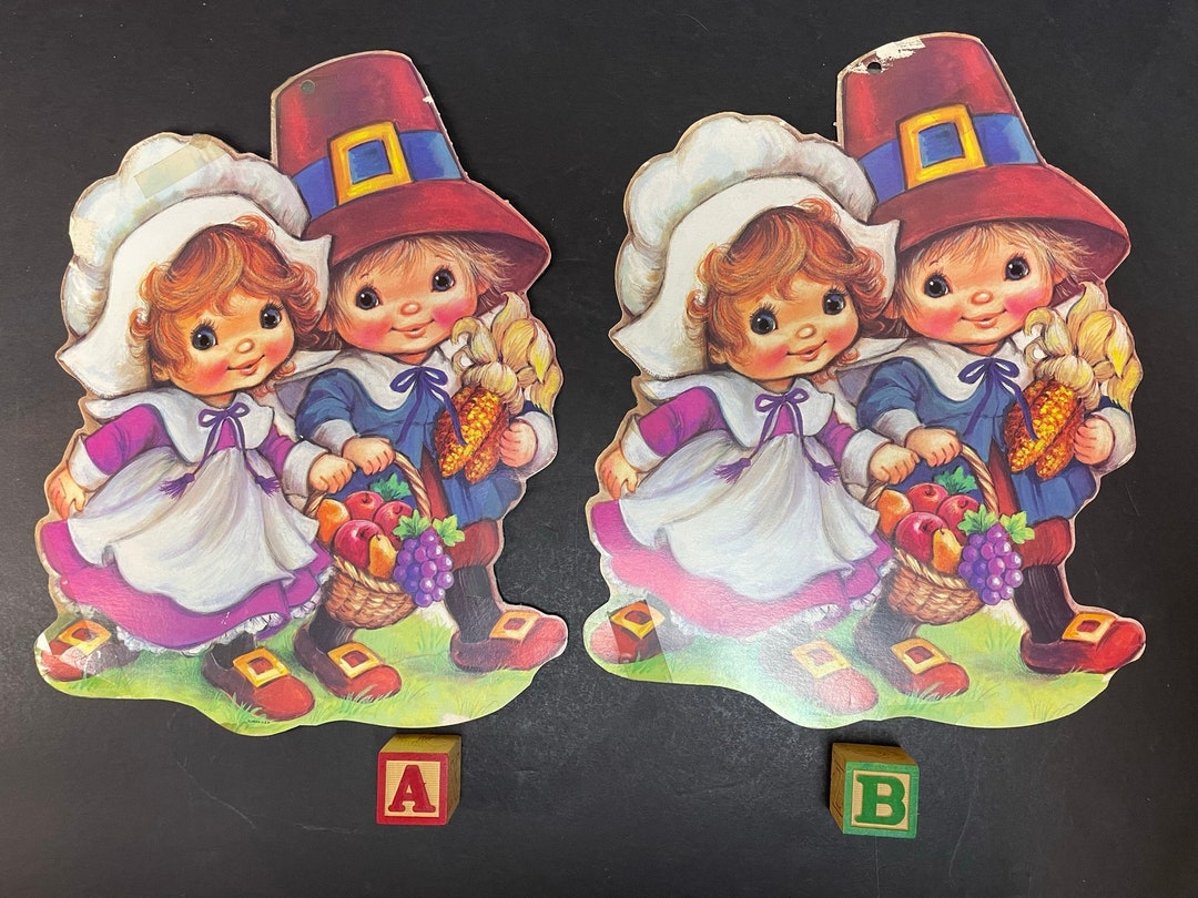 Vintage Eureka Big Eyed Pilgrim Boy and Girl Die Cut Cardboard ...
