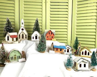 Vintage Putz Glitter Houses - Your Choice - Putz Christmas Village Houses - Japan - 1950s Christmas - Mica Glitter & Cardboard - Putz Church