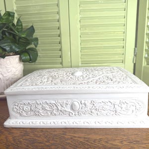 Large Vintage Carved White Iconoclay Stone Jewelry Box - Beautiful Chinese Dragon Koi Design - Velvet Lined - Hinged Lid - Made in USA