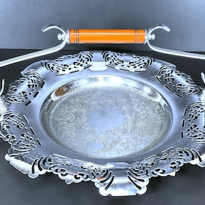 Elegant Art Deco Farber/Krome Kraft Serving Tray with Bakelite Handle- Pierced Rim Hors d&#39;Oeuvre/Appetizer Tray- Elegant Chrome Basket Tray