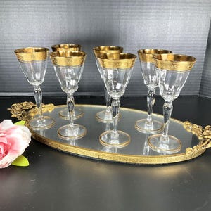 Vintage Gold Encrusted Tiffin &quot;Minton&quot; 6&quot; Claret Wine - Cordial/Cocktail Glasses - Set of 7 - Crystal - Vintage Barware - Art Deco