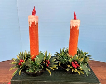 Retro Vintgage Noel Candle Decoration w/Plastic Bells and Poinsettias - Made in Hong Kong - Kitschy Christmas Centerpiece Decor